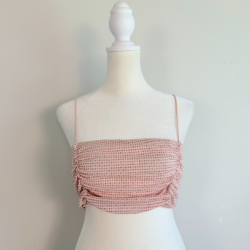 For Love & Lemons Glitter Dot Ruched Cropped Top Medium Pink Party Festival Glam